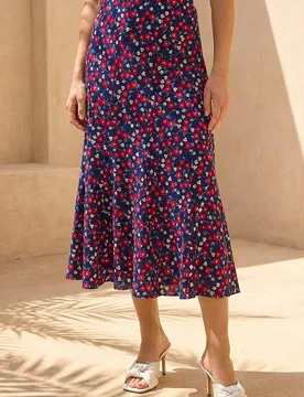 Women's Floral Heart Print A-Line Skirt in Navy Size: 14 - Navy - Size: 14 - Roman - FashionsVida