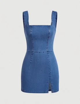 Vestido vaquero casual corto de mujer sin mangas y de cuello cuadrado XS - Shein - FashionsVida