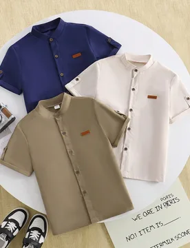 Set de 3 camisas casuales de varios colores con cuello para niños, adecuadas para uso diario, viajes y vacaciones, con textura minimalista y cómodas - Shein - FashionsVida