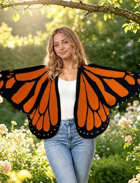 Cárdigan de punto con alas de mariposa monarca para mujer, suéter de manga larga con abertura frontal y bajo asimétrico, cárdigan de disfraz únic - Shein - FashionsVida