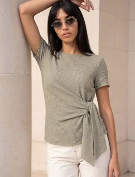 Women's Petite Textured Side Tie Stretch Top in Pale Green Size: 8 - Pale Green - Size: 8 - Roman - FashionsVida