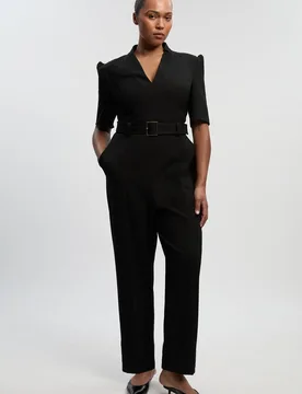 Womens Plus Size Structured Crepe Forever Belted Jumpsuit - Black - Size 18 Uk - Karen millen - FashionsVida