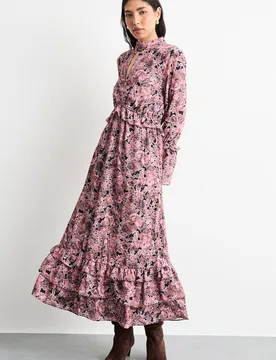Womens Chiffon Shirred Frill Detail High Neck Midi Dress - Chocolate - Size 10 Uk - Warehouse - FashionsVida
