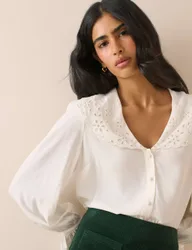 Broderie Collared Button Through Blouse Cream female