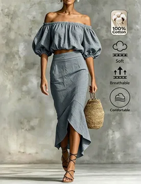 Conjunto de 2 piezas para mujer de verano con top corto de hombros descubiertos y mangas abullonadas + falda de talle alto con abertura asimétrica, e - Shein - FashionsVida