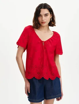 Pure Cotton Embroidered Drawstring Top Red female - Finery London - FashionsVida
