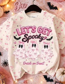 Camiseta de manga corta con cuello redondo minimalista casual para niña joven, diseño de fantasma coquette dulce con brillo de Halloween, patrón de - Shein - FashionsVida