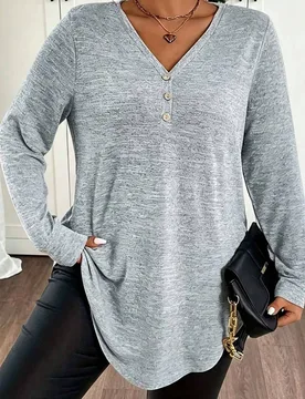 Camiseta de manga larga con cuello en V y botones para mujer talla grande, top de otoño de ajuste ceñido y cómodo, ropa casual de invierno en gris - Shein - FashionsVida