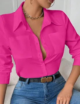 Blusa casual de manga larga con cuello y bolsillo ajustada en color blanco para mujer L - Shein - FashionsVida