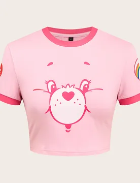 Camiseta ajustada y corta de mujer con estampado rosa y ribete de color contrastante, estilo casual y lindo, adecuada para primavera y verano S - Shein - FashionsVida