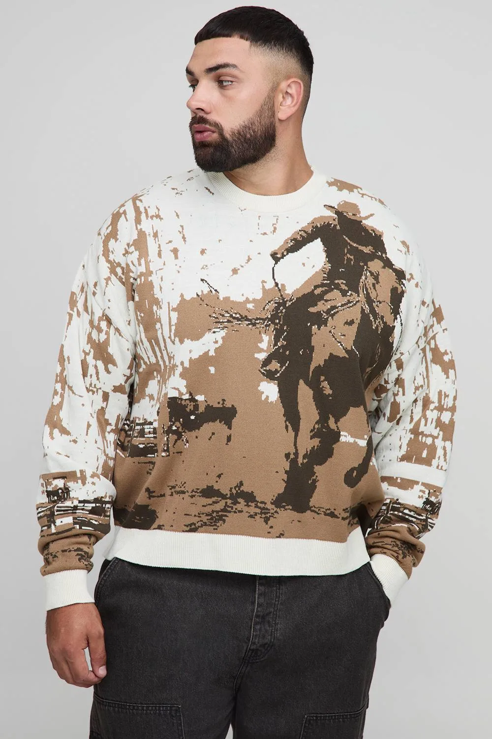 Herren Plus Western Jacquard Oversized Pullover Ecru Größe 2XL - boohooMAN - FashionsVida