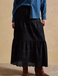 Pure Cotton Broderie Maxi Tiered Skirt Black female