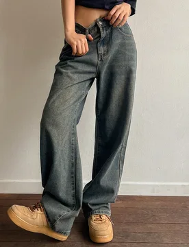 Jeans de pierna ancha para mujer, azul lavado vintage, ajuste largo y suelto, jeans holgados, ropa de otoño S - Shein - FashionsVida