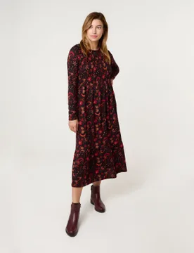 Frill High Neck Shirred Waist Paisley Dress - S/M / BLACK PATTERN - female - Blue Vanilla - FashionsVida