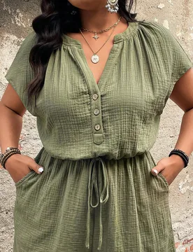 Mono holgado de algodón casual y diario con mangas raglán y cordón, talla grande 3XL - Shein - FashionsVida