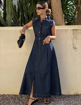 Vestido de mujer sin mangas con cuello, cintura ceñida, de unicolor, de mezclilla, azul marino, para vacaciones, otoño, casual, estilo años 70 S - Shein - FashionsVida