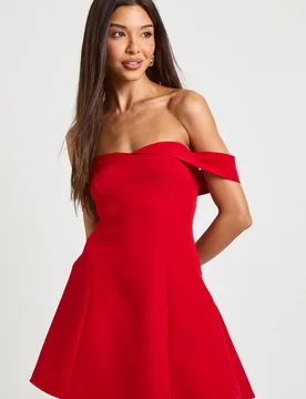 Womens Petite Bardot Structured Mini Dress - Red - Size 12 Uk - Boohoo - FashionsVida