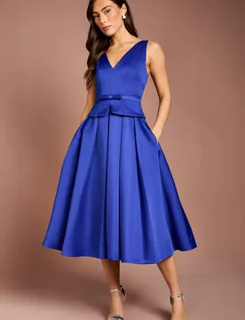Women's Structured Satin Pleated Peplum Midi Dress in Cobalt Size: 14 - Cobalt - Size: 14 - Coast - FashionsVida