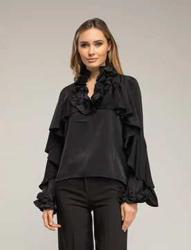 Blusa de mujer de raso con volantes en el cuello y puños - Tantra - FashionsVida