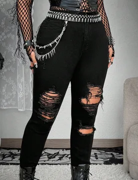 Jeans pitillo rasgados de talla grande para mujer con estampado de calavera y estilo grunge punk 3XL - Shein - FashionsVida