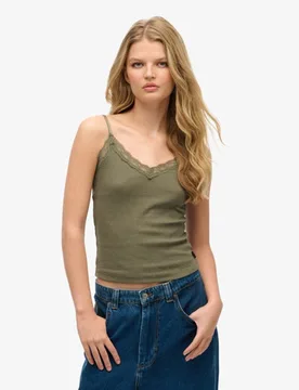 Superdry Damen Grün Geripptes Essential Trägertop mit Spitze aus Bio-baumwolle, Größe: M/L - Größe: M/L - 26.99 - FashionsVida