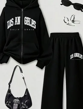 Conjunto de 2 piezas con sudadera con capucha y cremallera unisex para adolescentes + pantalones largos casuales, estampado gráfico simple, atuendo d - Shein - FashionsVida