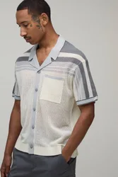 Herren Locker Geschnittenes Kastiges Hemd Mit Offener Strickstruktur Und Streifenmuster Grey Größe XS