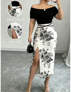 Vestido de mujer talla grande con estampado floral para vacaciones, hombros descubiertos, abertura en el bajo, para fiesta formal, brunch y cóctel, n - Shein - FashionsVida