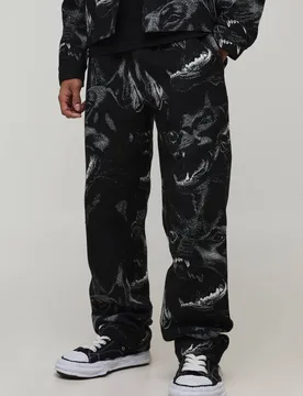 Herren Relaxed Fit Hunde-Tapisserie Hose Black Größe Small - boohooMAN - FashionsVida