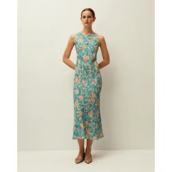 Vestido largo con cuello redondo cerrado y tirantes
