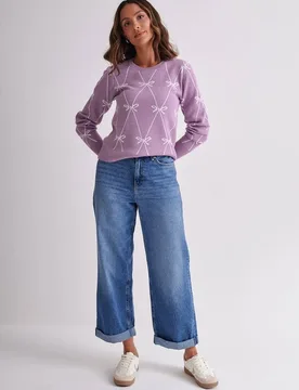 Women's Bow Pattern Knit Jumper in Lilac Size: Small - Lilac - Size: S - Anna Rose - FashionsVida