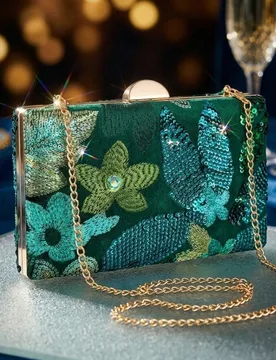 Elegante bolso de mano con malla bordada con flores verdes y lentejuelas, con cadena de metal, regalo para dama de honor, bolso de noche brillante y d - Shein - FashionsVida
