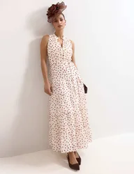 Polka Dot V-Neck Maxi Tiered Dress Cream Mix female