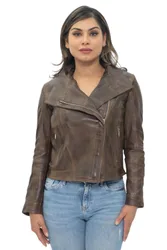 Women's Leather Shawl Wrap Biker Jacket - Riga in Brown Size: 12 - Brown - Size: 12