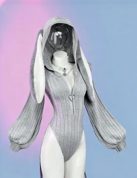 Body de punto elástico con capucha y orejas de conejo de unicolor para mujer, inspirado en el anime, lindo, orejas de conejo, primavera/otoño, invie - Shein - FashionsVida