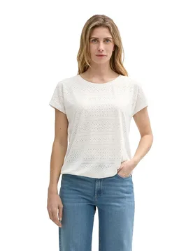 T-shirt à Manches Courtes Ajour Crew Neck Whisper White S - Tom tailor - FashionsVida