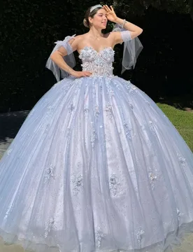 Light Blue Shiny Princess Sweet 16 Dress Dress Quinceanera Dresses Applique Flower Beads Tull Party Birthday Vestidos 15 De Anos - Aliexpress - FashionsVida