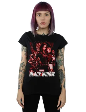 Women's Black Widow Movie Red Group Cotton T-Shirt Size: Small - Black - Size: S - Marvel - FashionsVida