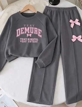 Sudadera de cuello redondo con estampado de letras y pantalones largos con decoración de lazo para niña joven 6Y - Shein - FashionsVida