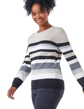 Womens Petite Stripe Round Neck Jumper - Stone - Size 10 Uk - Roman - FashionsVida