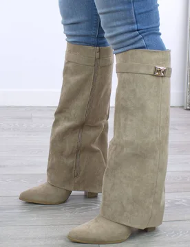 Women's High Block Heel Pointed Toe Skirted Knee High Boots in Khaki Size: 7 - Khaki - Size: 7 - Ajvani - FashionsVida