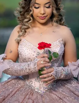 Shiny Light Pink Quinceanera Dress Crystal Glitter Decal Lace layering Bow Long tail Vestidos De 15 Quinceanera ﻿Customize - Aliexpress - FashionsVida