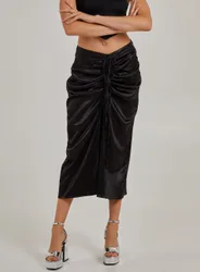 Womens Ruched Midi Skirt With Tie - Black - Size 10 Uk