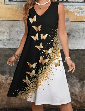 Vestido de tirantes con cuello en V y estampado de mariposa degradado para mujer de talla grande, diseño de bloques de color negro y dorado, perfecto - Shein - FashionsVida