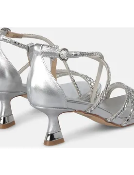 Sandalias de tacón de mujer efecto metalizado con múltiples tiras con transfer - Alma en Pena - FashionsVida