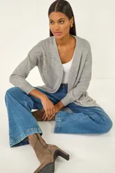 Women's Floral Embellished Knit Cardigan Sweater in Grey Size: 14 - Grey - Size: 14