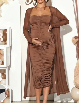 Set de 2 piezas de traje de maternidad que incluye un cárdigan largo de manga larga de unicolor y un vestido tubo con drapeado en el camiseta M - Shein - FashionsVida