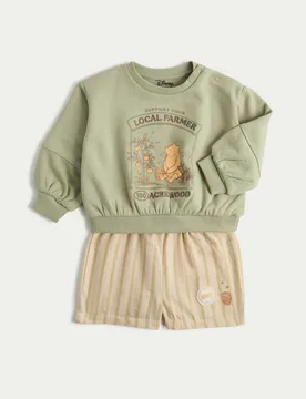 Piece Cotton Rich Winnie the Pooh™ Outfit (0-3 Yrs) Green Mix Female - M&S - FashionsVida