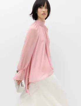 Draped Tie Neck Longline Blouse Pink Shell female - M&S - FashionsVida