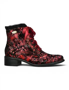 Women's Floral Gothic Victorian Leather Heeled Boots - Laura Vita Emcmao-45 in Red Size: 5 - Red - Size: 5 - Infinity Leather - FashionsVida